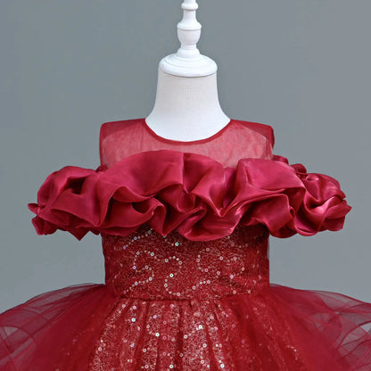 New Girl's Wedding Evening Dress Petal Sequin Mesh Sleeveless Dress Birthday Party School Graduation Party Dress