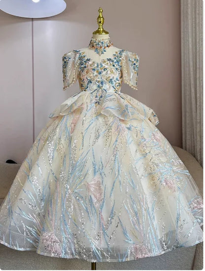 Girls Summer Party Dress Puffy PrincessFlower Pageant Host Formal Gown Girl Outfit Piano Recital Performance Birthday Wedding