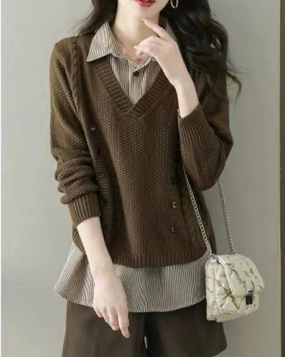 New Fake Two Piece Top Knit Sweater Women's Splice Shirt Collar Spring Autumn  Korean Loose Long Sleeve Sweater Female Pullover