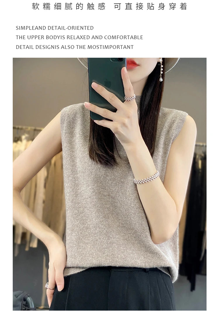 2024 Cashmere Vest Women's 100% Merino Wool Pullover Indoor Sleeveless Sweater Half-turtleneck Office Tops Waistcoat