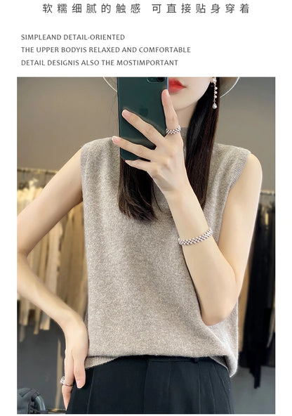 2024 Cashmere Vest Women's 100% Merino Wool Pullover Indoor Sleeveless Sweater Half-turtleneck Office Tops Waistcoat