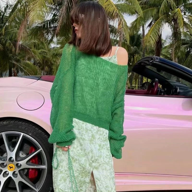 Summer simple hollow out lightweight and slightly transparent long sleeved knitted sweater Spring new women's pullover