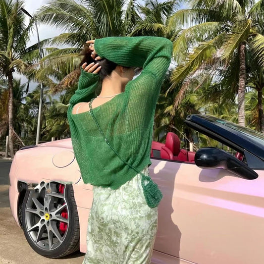 Summer simple hollow out lightweight and slightly transparent long sleeved knitted sweater Spring new women's pullover