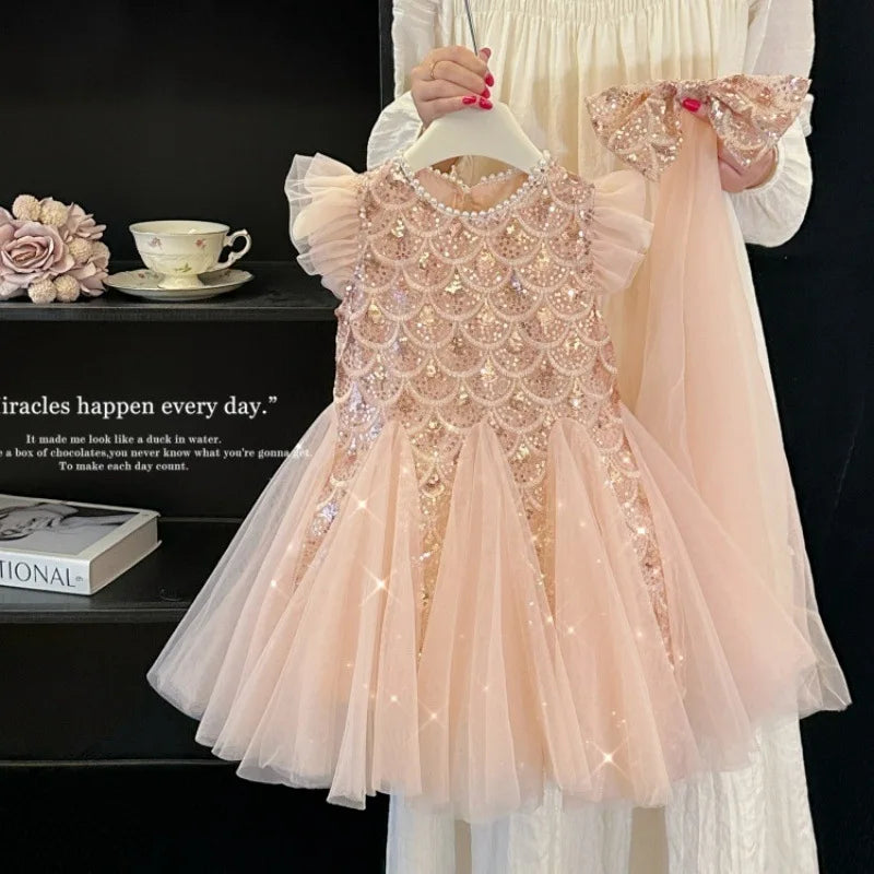 Girls Dress 2025 Summer New Children Elegant Princess Dress Baby Fashion Mesh Flying Sleeve Tank Top Dress