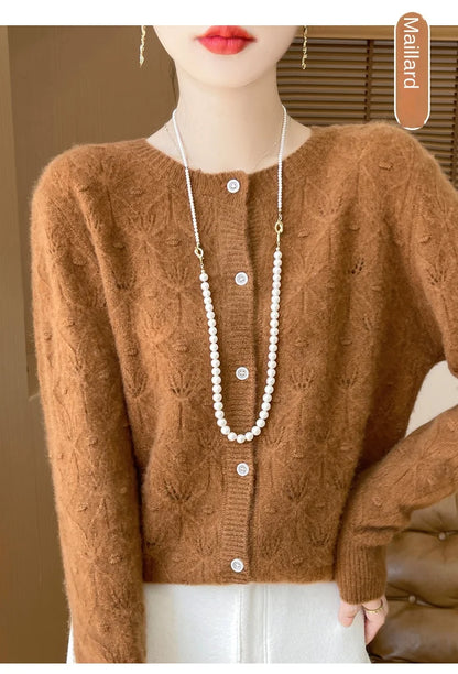 2024 Autumn And Winter New Round Neck Hollowed Out 100 Wool Knitted Cardigan Women's Versatile Coat Loose Casual Sweater DMR281