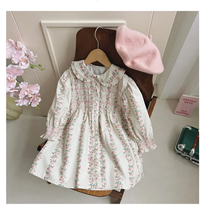 Girls Dress 2025 Autumn New French Floral Doll Collar Style Handmade Embracing Long Sleeve Childrens Princess Skirt