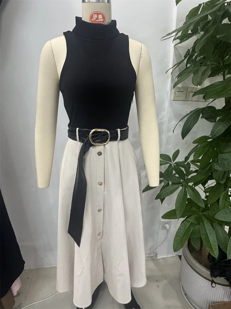 Women's Dress Summer 2025 New Color-blocked Sleeveless Belt Embellished Dress Long Dress Casual Fashion Temperament Elegance