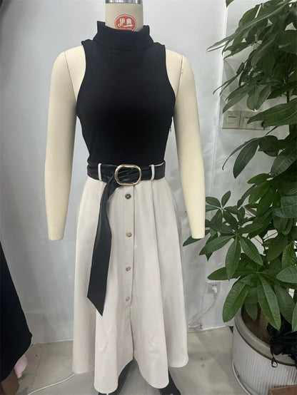Women's Dress Summer 2025 New Color-blocked Sleeveless Belt Embellished Dress Long Dress Casual Fashion Temperament Elegance