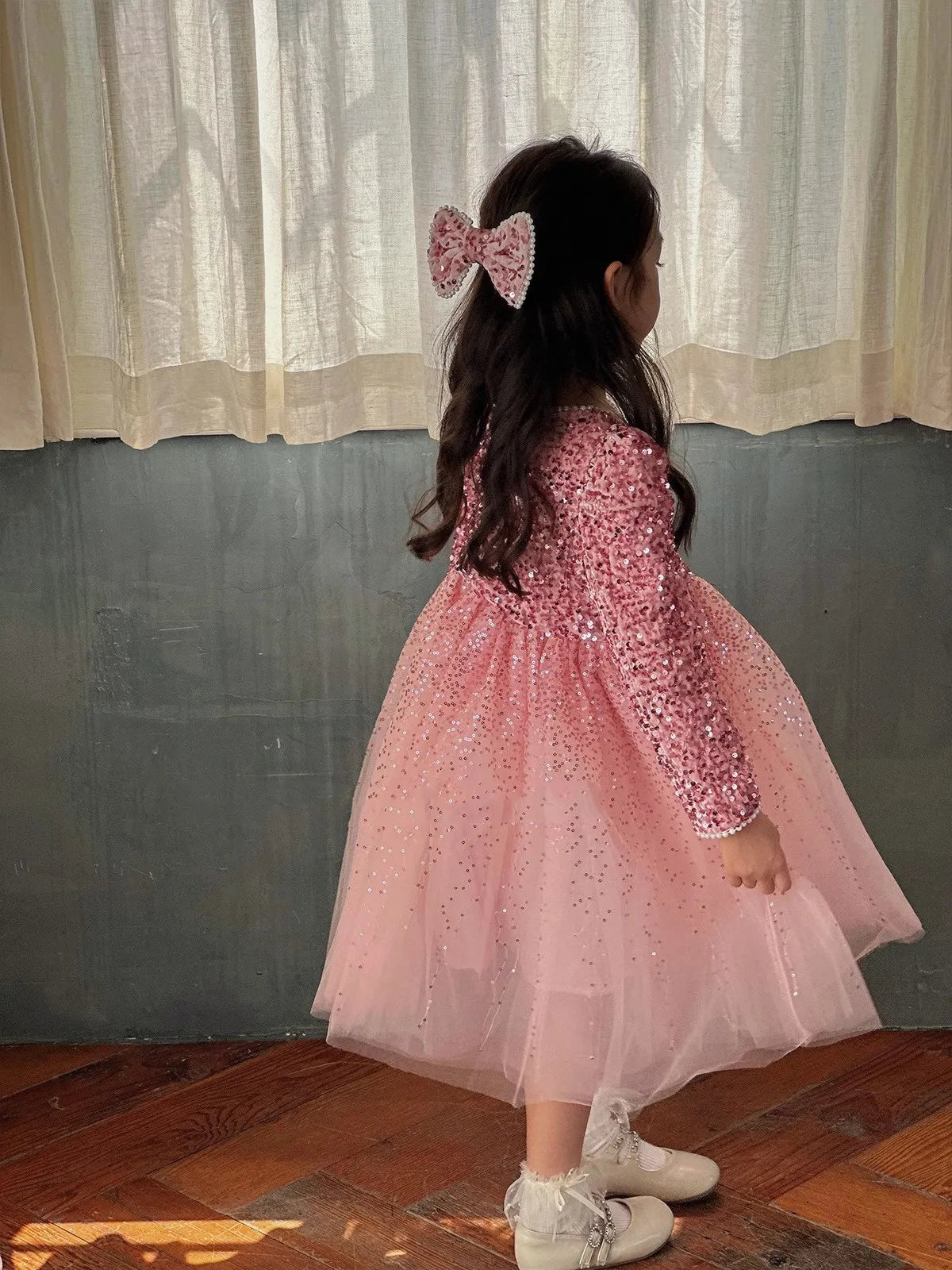 Winter Baby Girls Sequin Work Fleece Lined 4-Layer Mesh Zip Back Dresses with Head Veil Kids Outfit Children Sweet Skirt 2-8 Yr