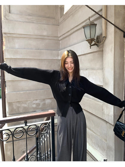 Zjaiss 2025 Autumn Winter Elegance Solid Color V-neck Sweater Knitted Casual Cardigan Unique And Niche Slim Fit Tops