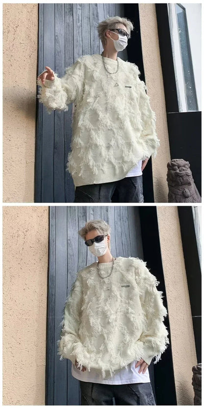 Winter Men's Ripped Fringe Raw Edge Sweater Hip Hop Fashion Knitwear Pullovers Y2K Vintage Streetwear Knitted Jersey Clothes