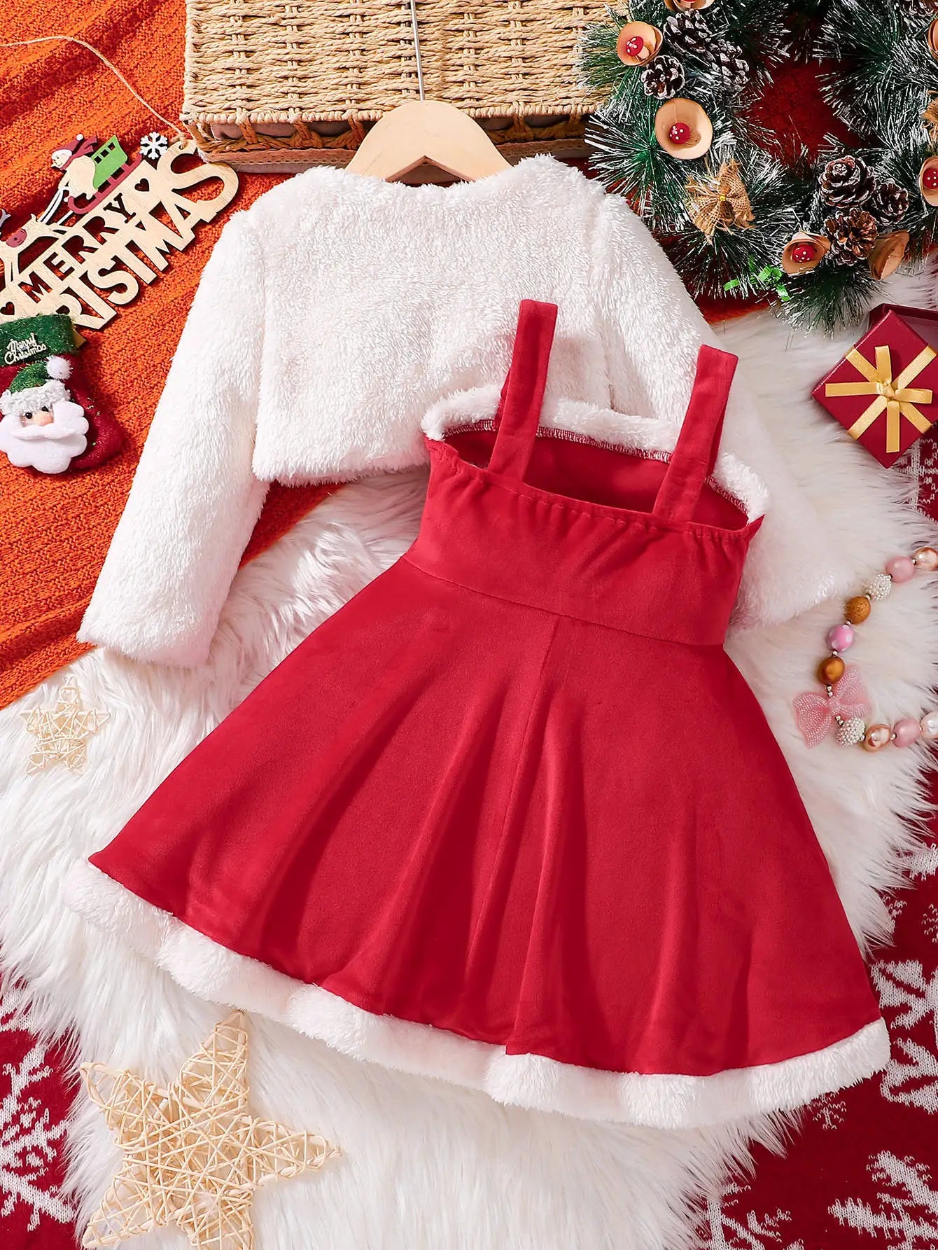 2026 New Year Dress For Girls Autumn And Winter Plush Jacket & Suspender Suits Elegant Dress Carnival Party Christmas Dresses