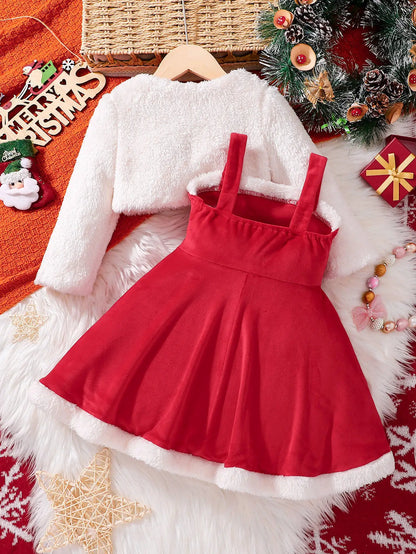 2026 New Year Dress For Girls Autumn And Winter Plush Jacket & Suspender Suits Elegant Dress Carnival Party Christmas Dresses