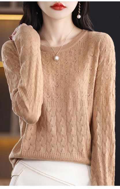 Worsted Wool Sweater Women's Spring 2023 New Western-Style Solid Color Round Neck Top With Long Sleeve Bottom Hollowed-Out Thin