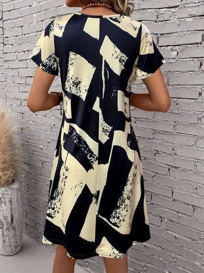 Women's Summer Abstract Print Dress, V - Neck Short Sleeve, Ideal Vacation Outfits Women, Flowy Dress Summer, Must - Have Summer