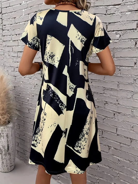 Women's Summer Abstract Print Dress, V - Neck Short Sleeve, Ideal Vacation Outfits Women, Flowy Dress Summer, Must - Have Summer