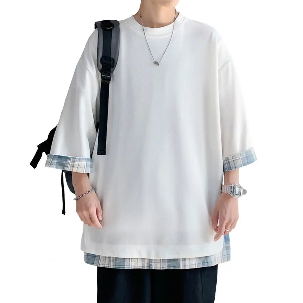 Summer Men's T-shirts  Korean Style Loose Fake Two-piece Mid Length Plus Size Three Quarter Sleeves Streetwear Outdoor Top