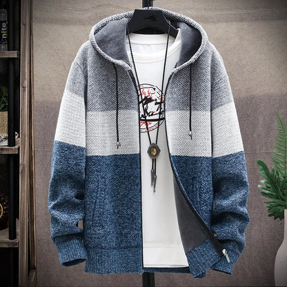 2025 Autumn Winter Fleece Hooded Sweatercoat Striped Knitted Cardigan Men Warm Casual Sweater Jackets Thick Knit Windbreaker Man