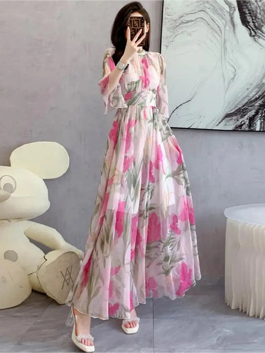 Summer Holiday Floral Dress Women Beach Flower Print Flare Sleeve Back Bow Lace Up High Waist Draped Chiffon Party Long Vestidos