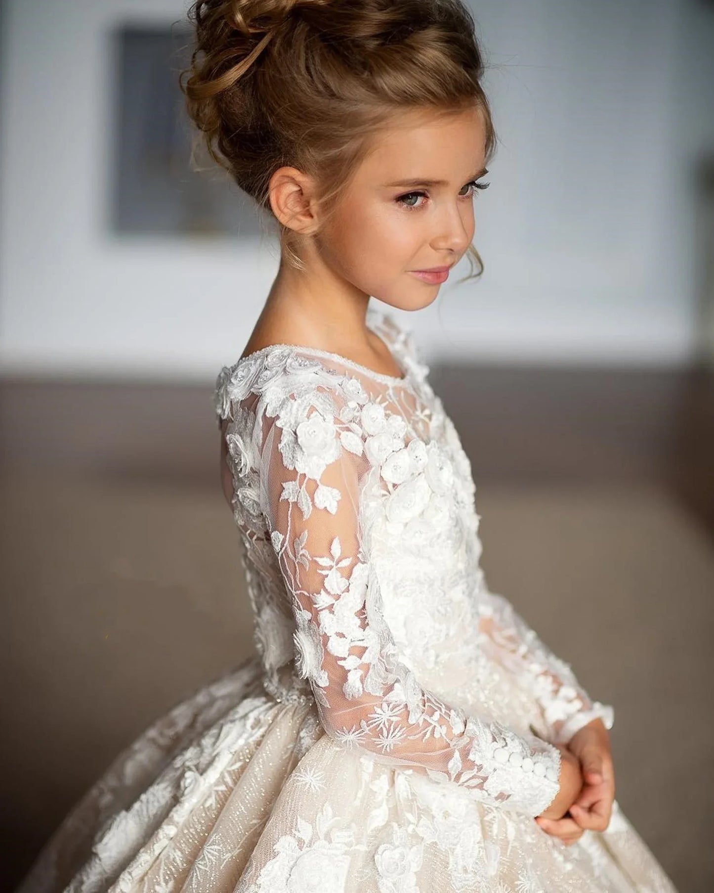 White Flower Girl Dresses for Wedding Floral Lace Appliques Floor Length Princess Kids Birthday Party Communion Party Gown