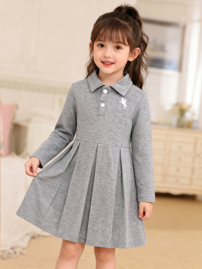 Autumn And Winter Girls' School-Style Dress For Outdoor Travel Grey Lapel Embroidered Long-Sleeved Pleated One-Piece Dress