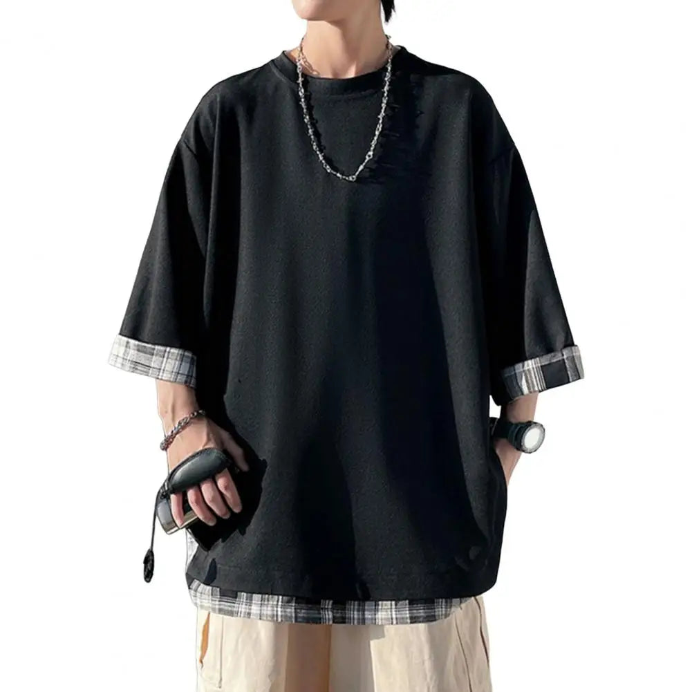 Summer Men's T-shirts  Korean Style Loose Fake Two-piece Mid Length Plus Size Three Quarter Sleeves Streetwear Outdoor Top