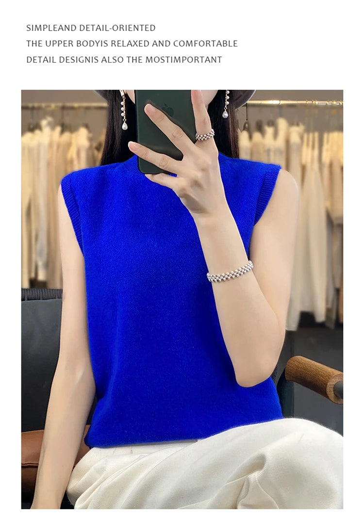 2024 Cashmere Vest Women's 100% Merino Wool Pullover Indoor Sleeveless Sweater Half-turtleneck Office Tops Waistcoat