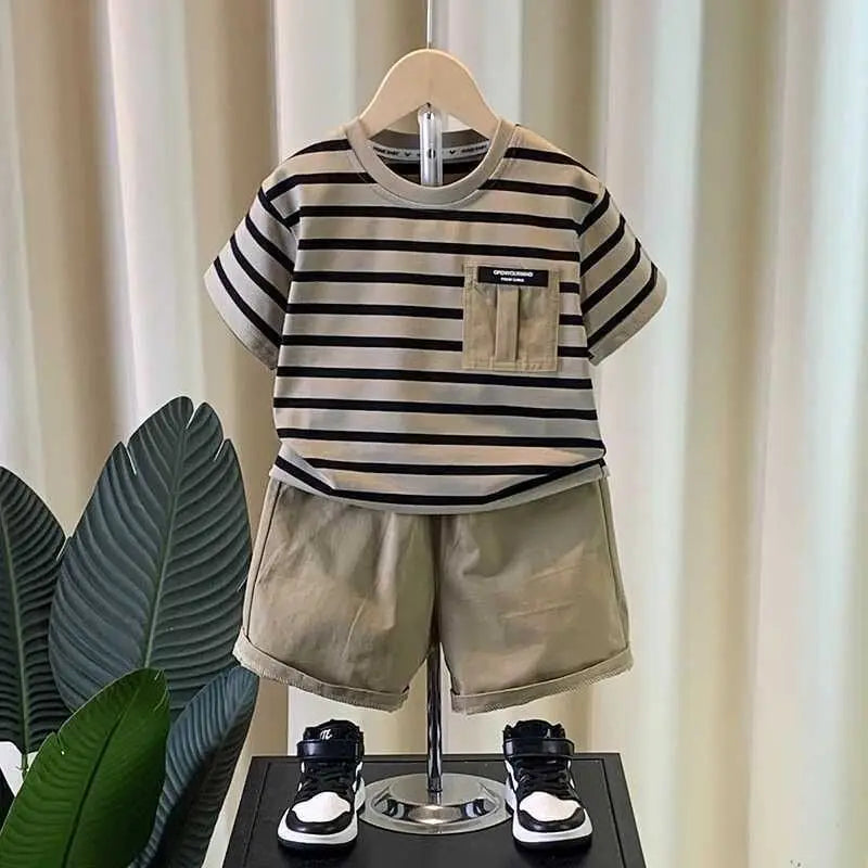 0-5 years old Boys' summer outfit set Summer short sleeved shorts New children's striped baby two-piece set