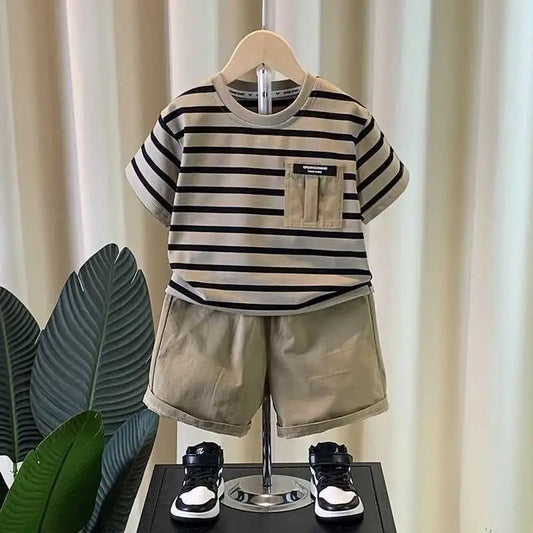 0-5 years old Boys' summer outfit set Summer short sleeved shorts New children's striped baby two-piece set