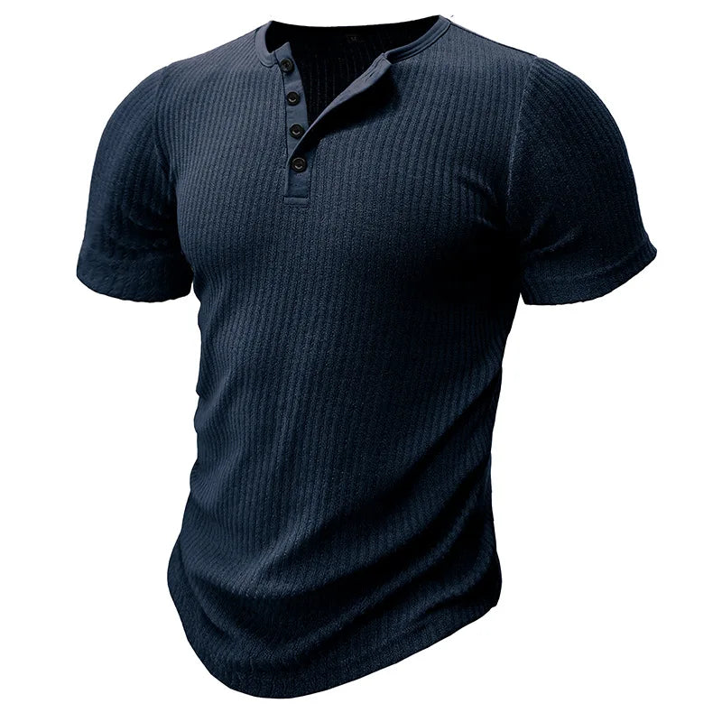 Summer Trend Men's Short Sleeve Casual T-Shirts Solid Henley Neck Button Up Pullover Tops Spring Turn Down Collar Basic Shirt