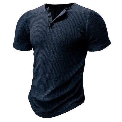 Summer Trend Men's Short Sleeve Casual T-Shirts Solid Henley Neck Button Up Pullover Tops Spring Turn Down Collar Basic Shirt