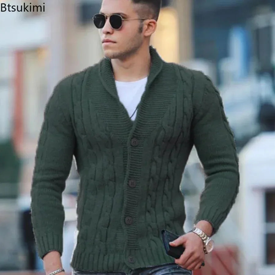Autumn Winter Men's Warm Knitted Sweater Solid Single-breasted Twisted Texture Cardigan Lapel Slim Buttoned Thick Sweater Male