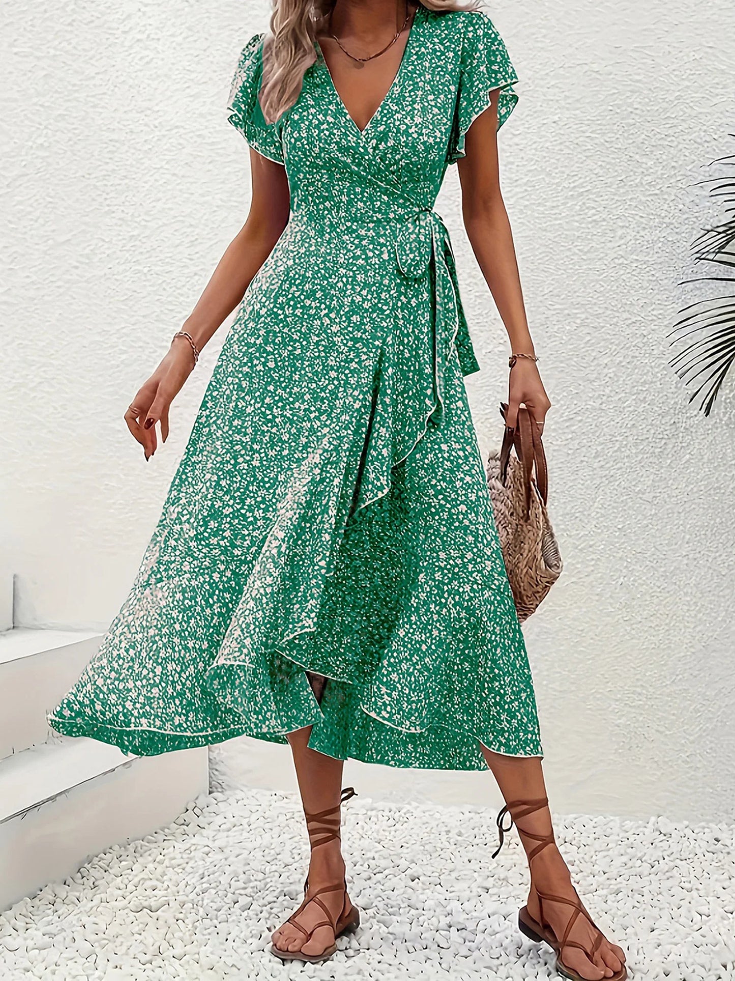 Women's Summer Flower Print Ruffle Dress Fashion 2025 Elegant Short Sleeve Wrap V Neck Tie Side Dresses