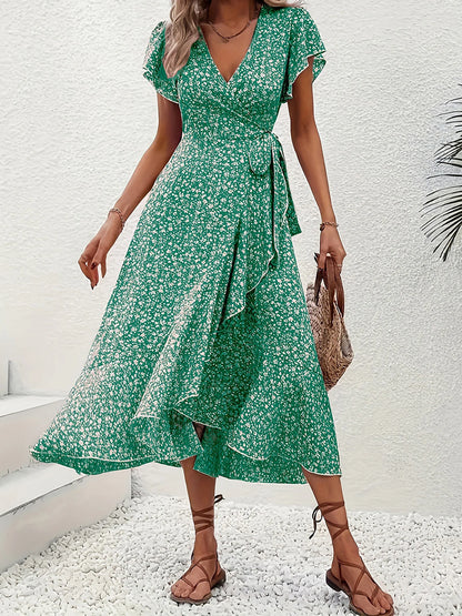 Women's Summer Flower Print Ruffle Dress Fashion 2025 Elegant Short Sleeve Wrap V Neck Tie Side Dresses