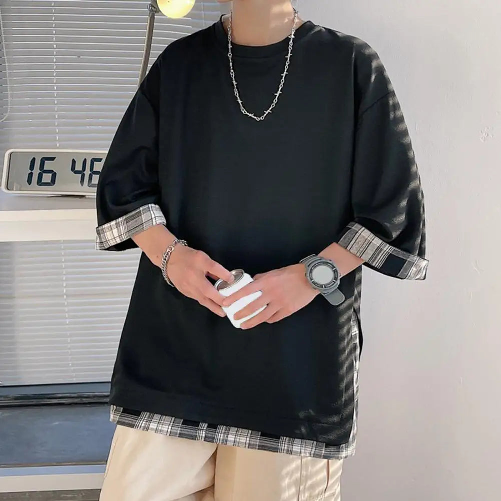 Summer Men's T-shirts  Korean Style Loose Fake Two-piece Mid Length Plus Size Three Quarter Sleeves Streetwear Outdoor Top