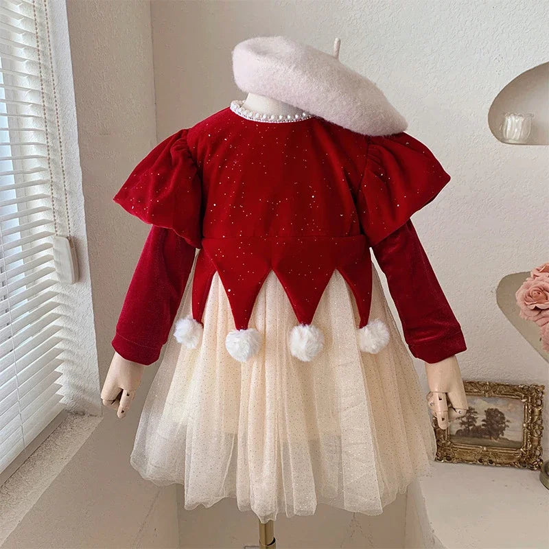 Winter Bow Sequin Dress for Girls' 2025 New Fashion Baby Red Christmas Dresses Velvet Patchwork Mesh A-line Princess Dress