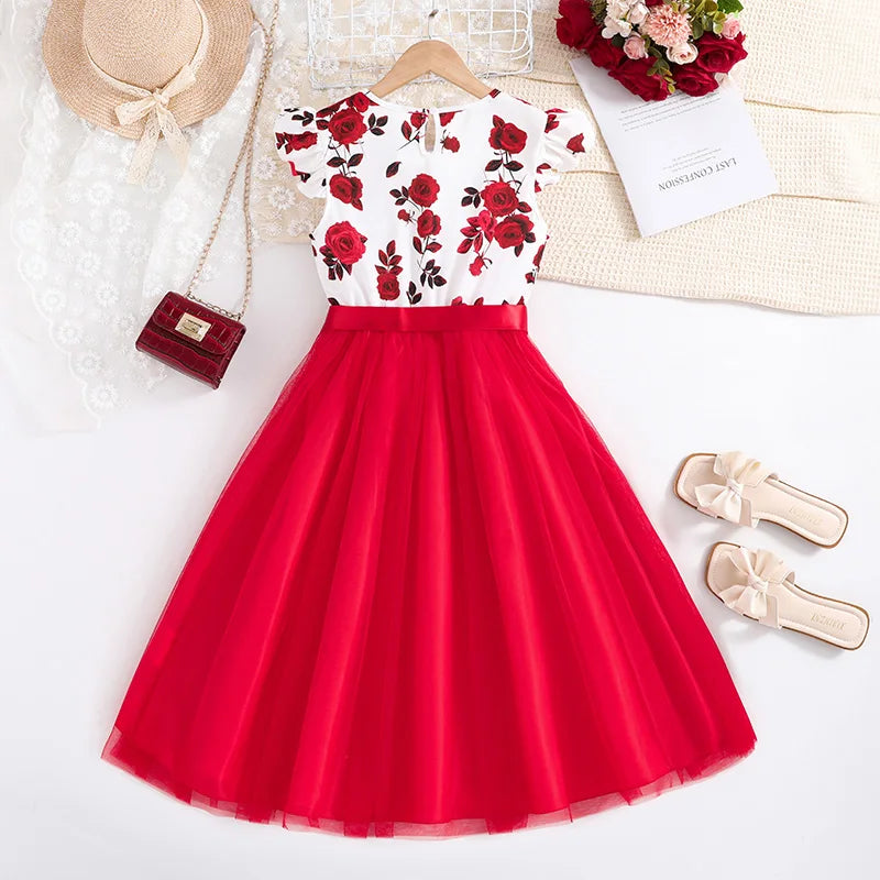 Girls Summer Clothes Casual Style Clothes Ruffles Printed Flower Bowknot Birthday Party Pageant Dress Casual Vacation Stylish