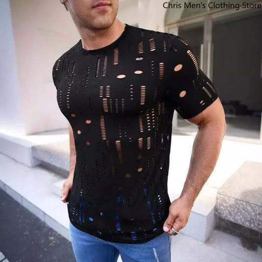 Summer Personality Fashion Breathable Men's Fitness Sportswear, Attractive Sexy Perspective Men Short-sleeved T-shirt Men Shirts