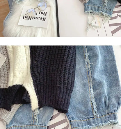 Loose Lazy Knitting Jacket, Pullover, Denim Sleeves, Splicing, Fashionable, Comfortable, Leisure, Autumn and Winter
