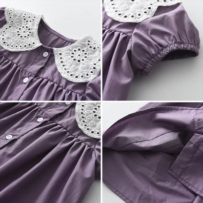 Girls Summer Dress Lace Collar Puff Sleeved Elegant Baby Kids Princess Birthday Dresses Children Clothes Vestidos  3-7 Years Old