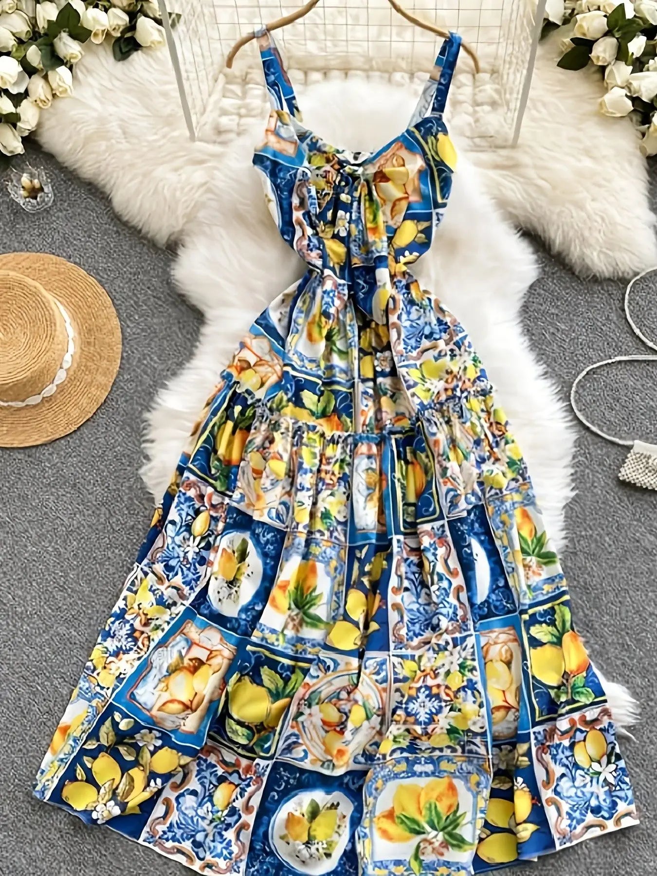 Summer Dress Woman 2025 Sexy Strap Lemon Print Bohemian Vacation Elegant Long Sundress