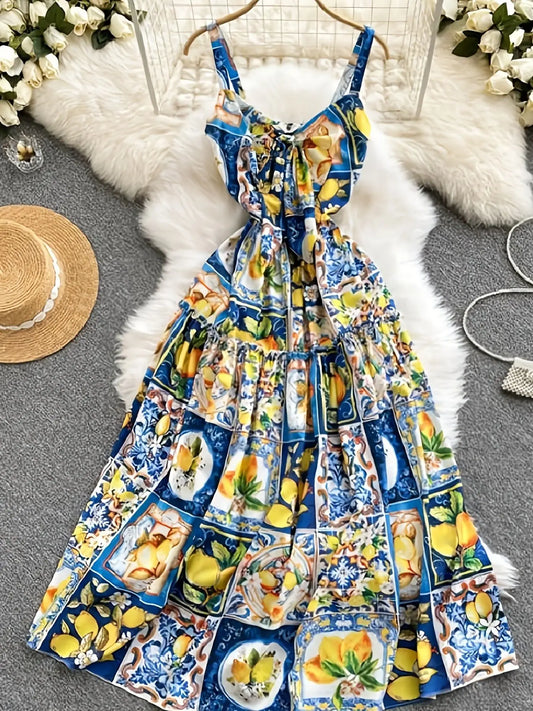 Summer Dress Woman 2025 Sexy Strap Lemon Print Bohemian Vacation Elegant Long Sundress