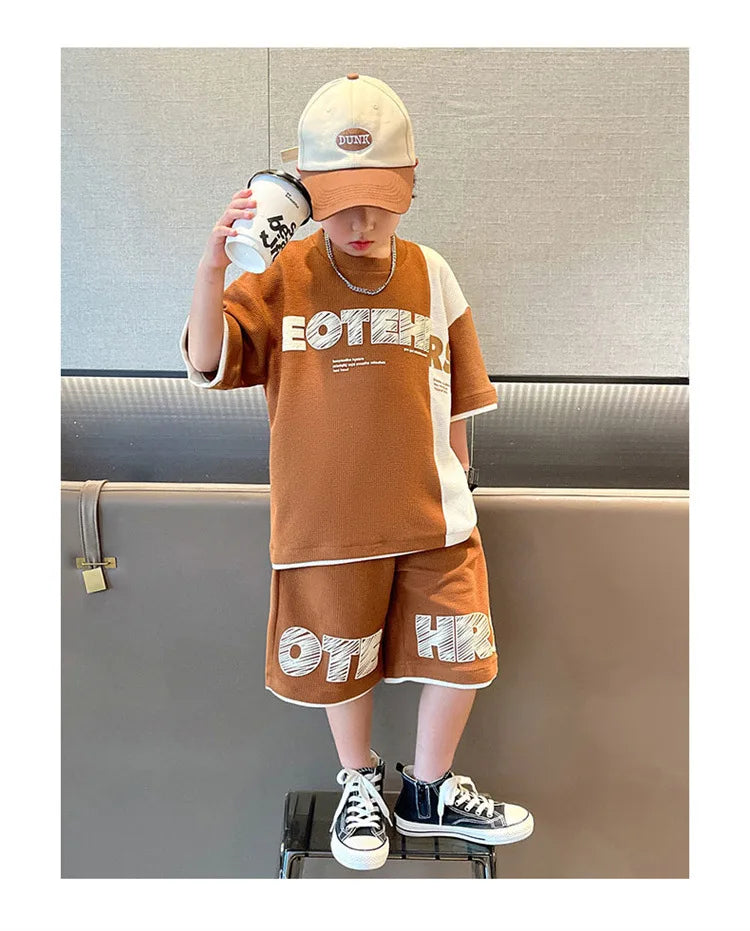 4 5 6 8 10 12 14 Years Summer Boys Clothing Sets New Fashion Letter Top + Shorts 2Pcs Kids Tracksuit Birthday Gifts Kids Clothes