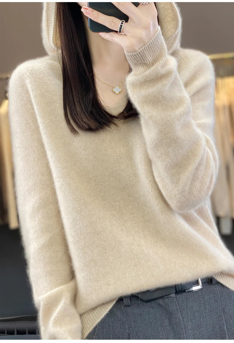 2024 100% Merino Pure Wool V-neck Hoodie Autumn/Winter Hoodie New Cashmere Sweater Women's Casual Knitted Top DMR207