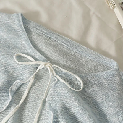 Summer Thin Outerwear Sun Protection Cardigan Ice Silk Knit Women Tops Bow Lace Up Short Suspender Skirt Shawl Airable Shirt