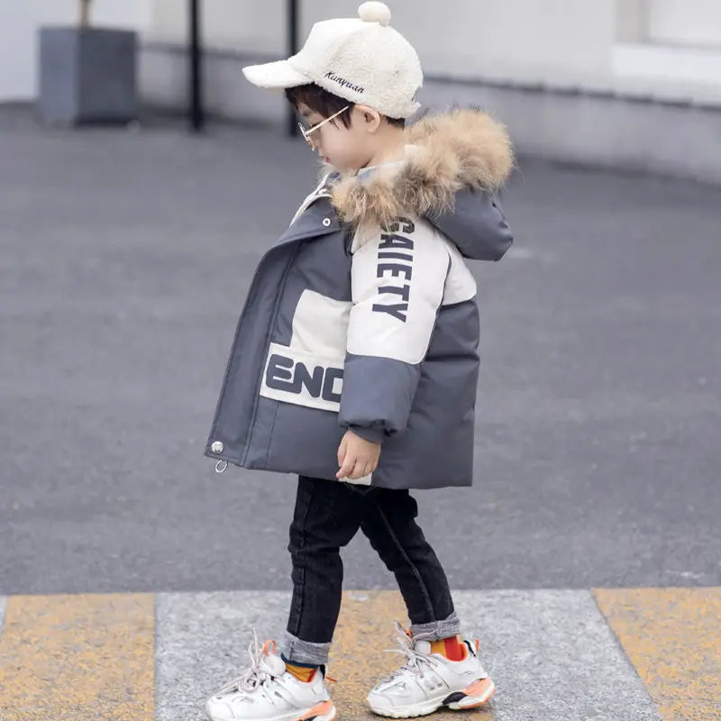 Winter Boys Coat 2023 New Baby Fur Collar Hooded Cotton Plus Velvet Thicken Warm Jacket For Children's Coat For Boys 2-8Years