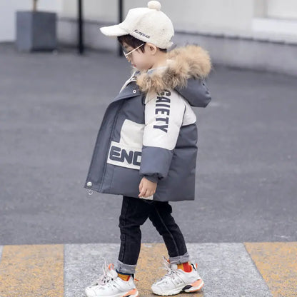 Winter Boys Coat 2023 New Baby Fur Collar Hooded Cotton Plus Velvet Thicken Warm Jacket For Children's Coat For Boys 2-8Years
