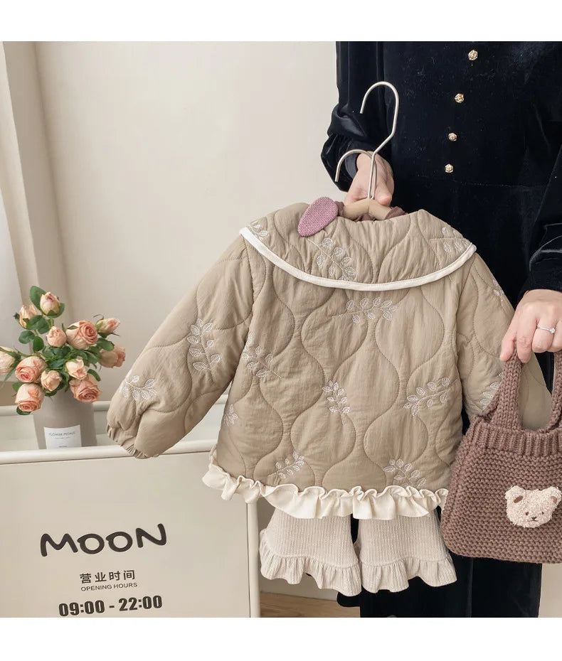 Winter Girls Coat Kids Baby Parkas Cotton Padded Plus Velvet Thickened Warm Children's Coat Solid Girls Embroidery Jacket