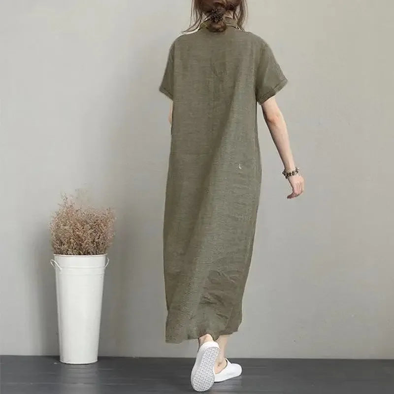 Women Summer Temperament Dress New Solid Color Lapel Short Sleeved Loose Pocket Casual Dress for Women Cotton Linen Clothing