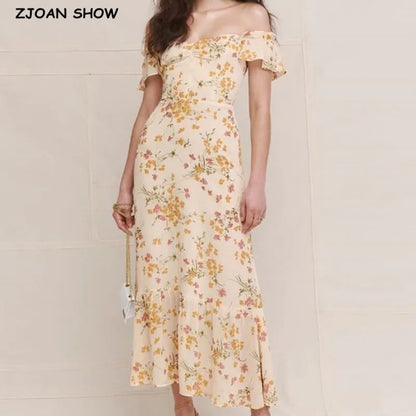 Summer Retro Elegant Elastic off Shoulder Long Dresses France Beige Floral Print Vintage Back Zipper Women Summer Dress
